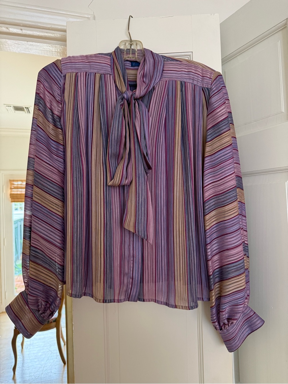 Givenchy Striped Tie-Neck Blouse in Purple, Pink and Tan